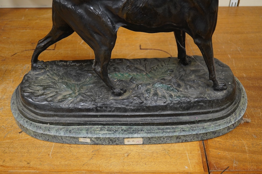 After Jules Moigniez (1835-1894), a cast bronze of a pointer with a pheasant, 60cm wide. Condition - good
